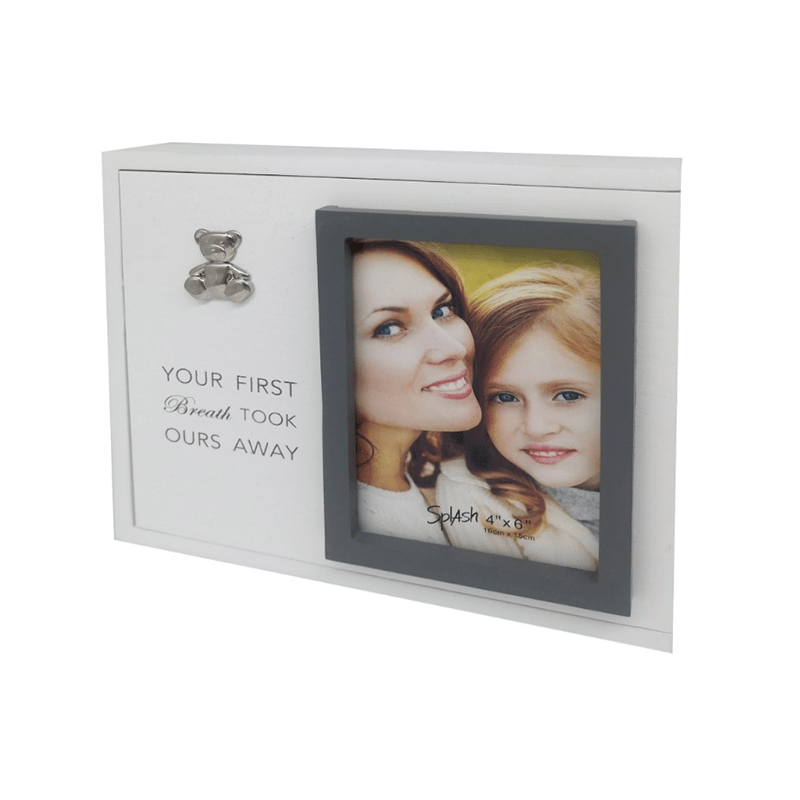 WHITE MDF Storage Box with 4×6′ PHOTO OPENING – ‘YOUR FIRST BREATH TOOK OURS AWAY’