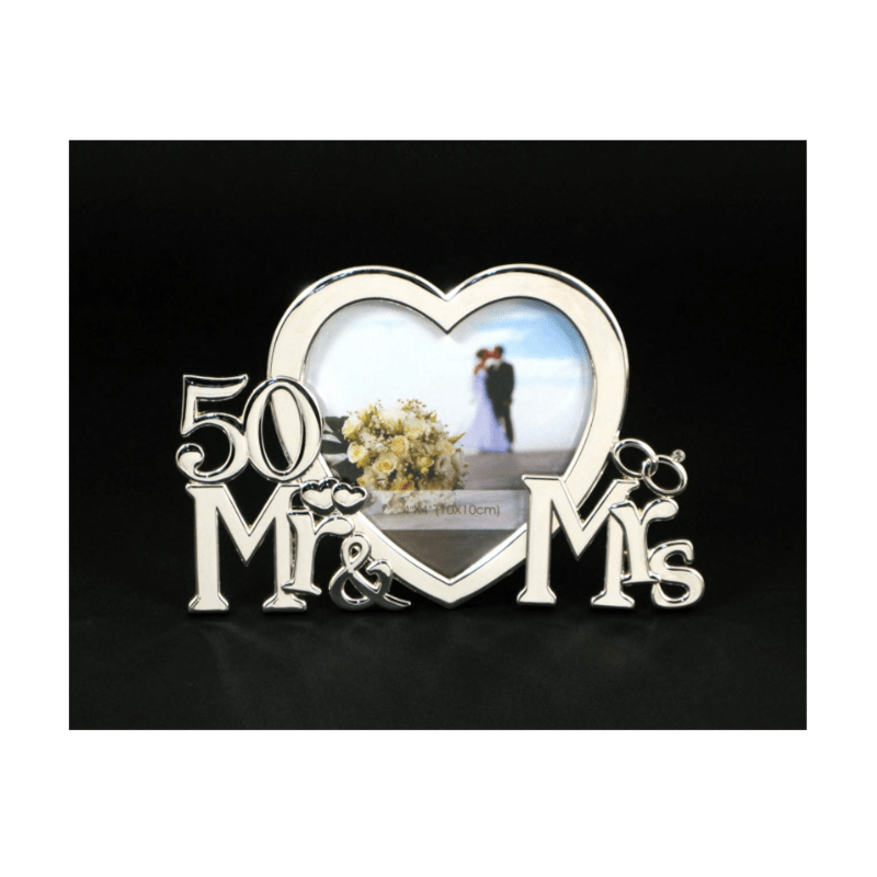 Silver 50th Year Anniversary Mr. & Mrs. Heart-Shaped 4×4 Frame