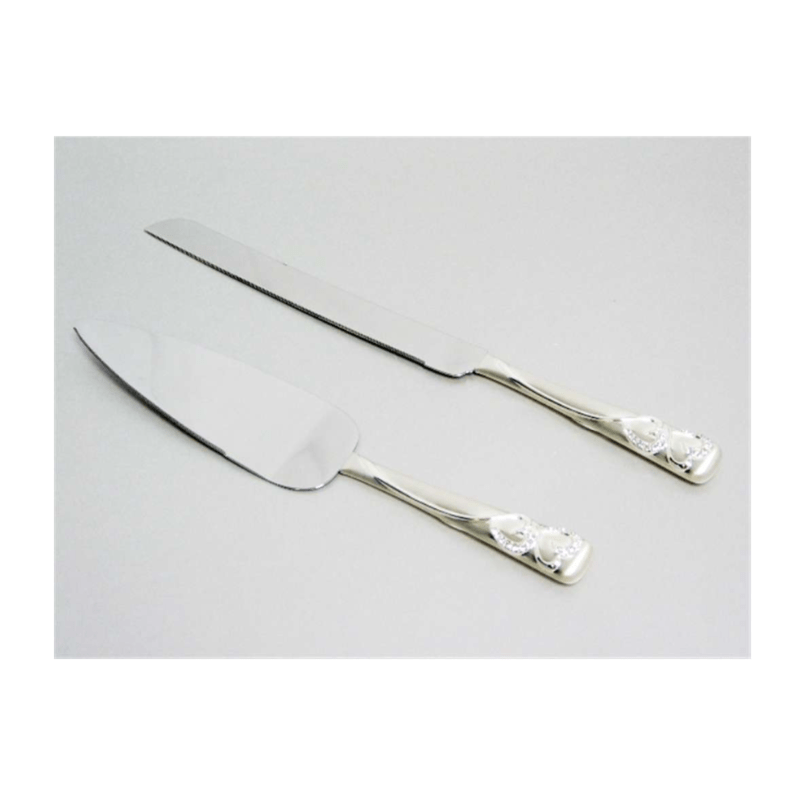 2 Pc Set Brushed 2 Tone Silver Knife and Server Double Hearts with Clear Stones Design on Handle