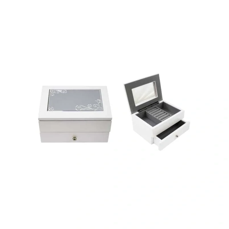 WHITE MDF JEWELLERY BOX W/ DRAWER  INSIDE MIRROR/ RING HOLDRER COMPARTMENT