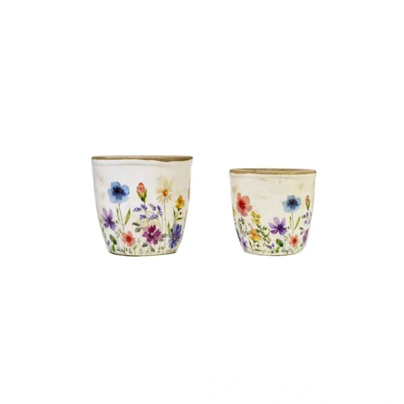 CERAMIC WHITE FLORAL POTS- LG: 6.5'X6.5'X6' SM: 6'X6'X5'