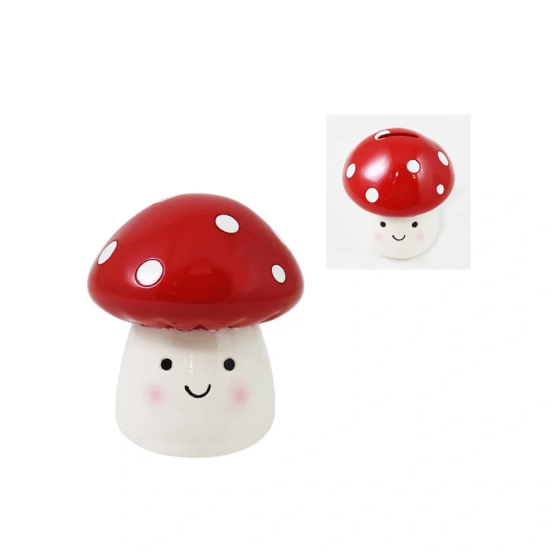 RED MUSHROOM WITH SMILEY FACE MONEY BANK