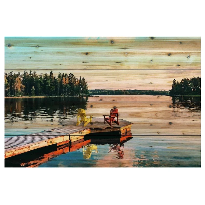 WOOD WALL ART-2 ADIRONDACK CHAIRS AND LAKE