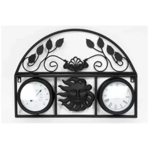 BLK MTL SUN WALL CLOCK/THERMOMETER