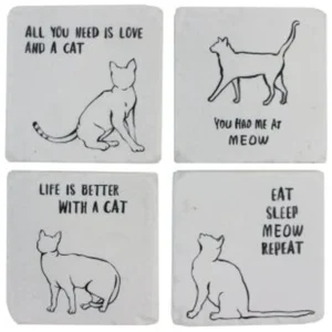 4PC. WHT. POLY CAT COASTER SET