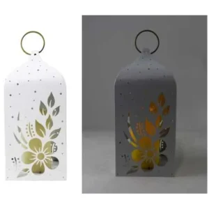 LED MTL WHT FLORAL LANTERN