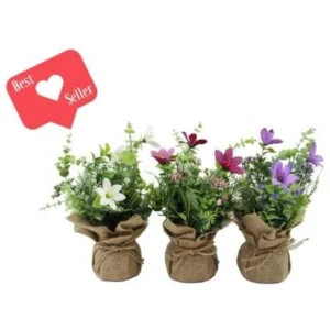 3PC WHT/PUR/PK FLWRS IN CLOTH SACK
