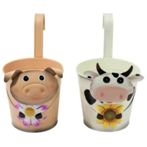 2PC MTL COW/PIG HANGING FLOWER POT