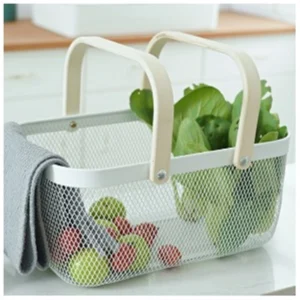 WHITE METAL RECTANGULAR BASKET WITH WOOD HANDLE