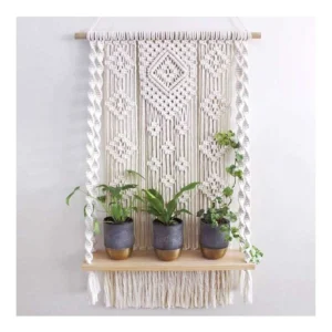 Wood White Macrame Wall Shelf
