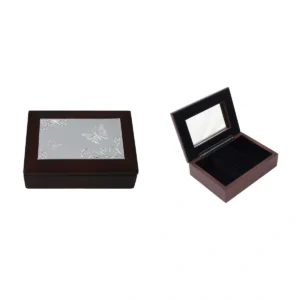 Dark Brown Jewellery Box With Butterflies Plate On Lid Mirror Inside, Holds Rings And Other Jewellery