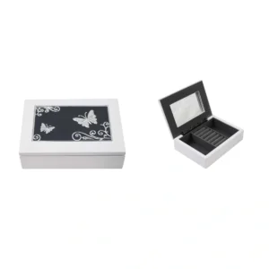 Mdf Jewellery Box W/Aluminium Cover Grey Velvet Liner. In White Color/Butterfly.