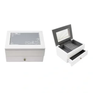 White Mdf Jewellery Box W/ Drawer Inside Mirror/ Ring Holdrer Compartment