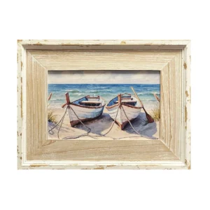 WOOD FRAMED 2 BOATS ON BEACH WALL ART
